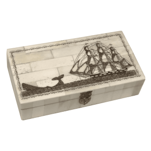 Engraved Whale Chase Scrimshaw Bone Box in Ireland